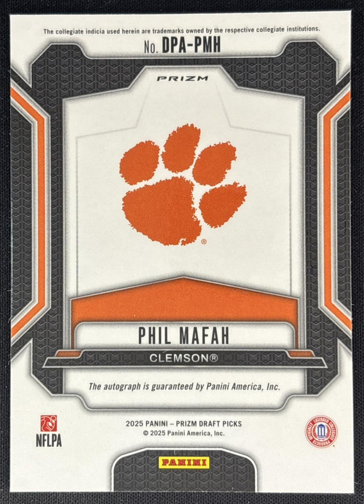 Phil Mafah 2025 Panini Prizm Draft Picks Auto Hyper Tigers back