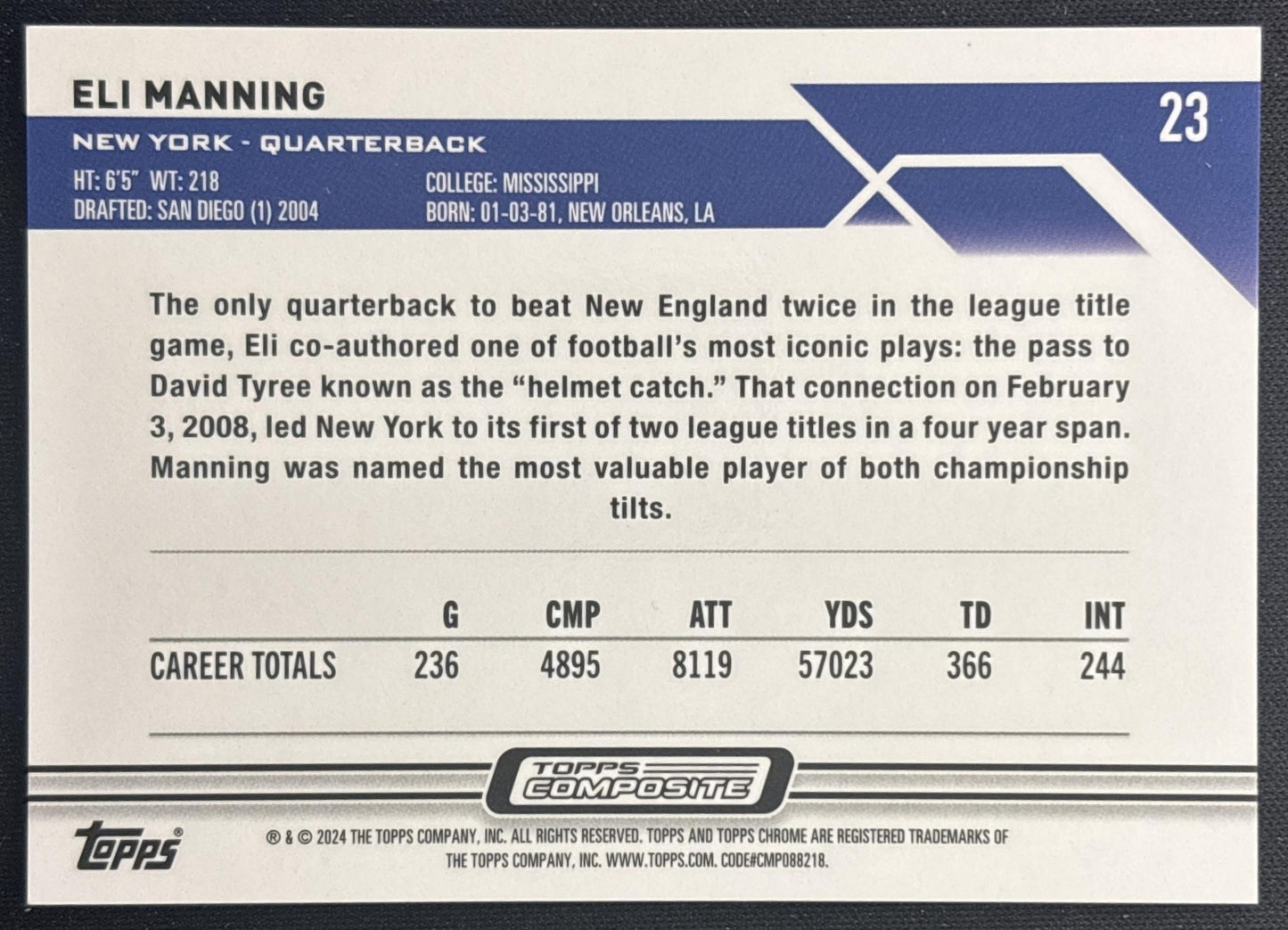 Eli Manning 2023 Topps Composite Chrome Purple Speckle Refractor /250 Giants back