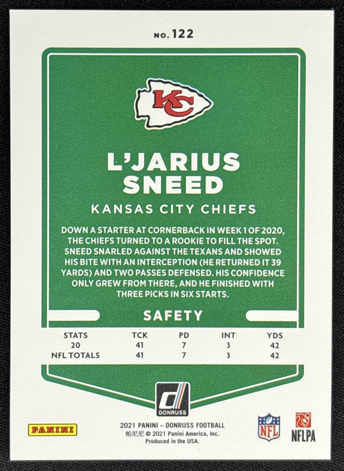 L Jarius Sneed 2021 Panini Donruss Press Proof Premium Chiefs