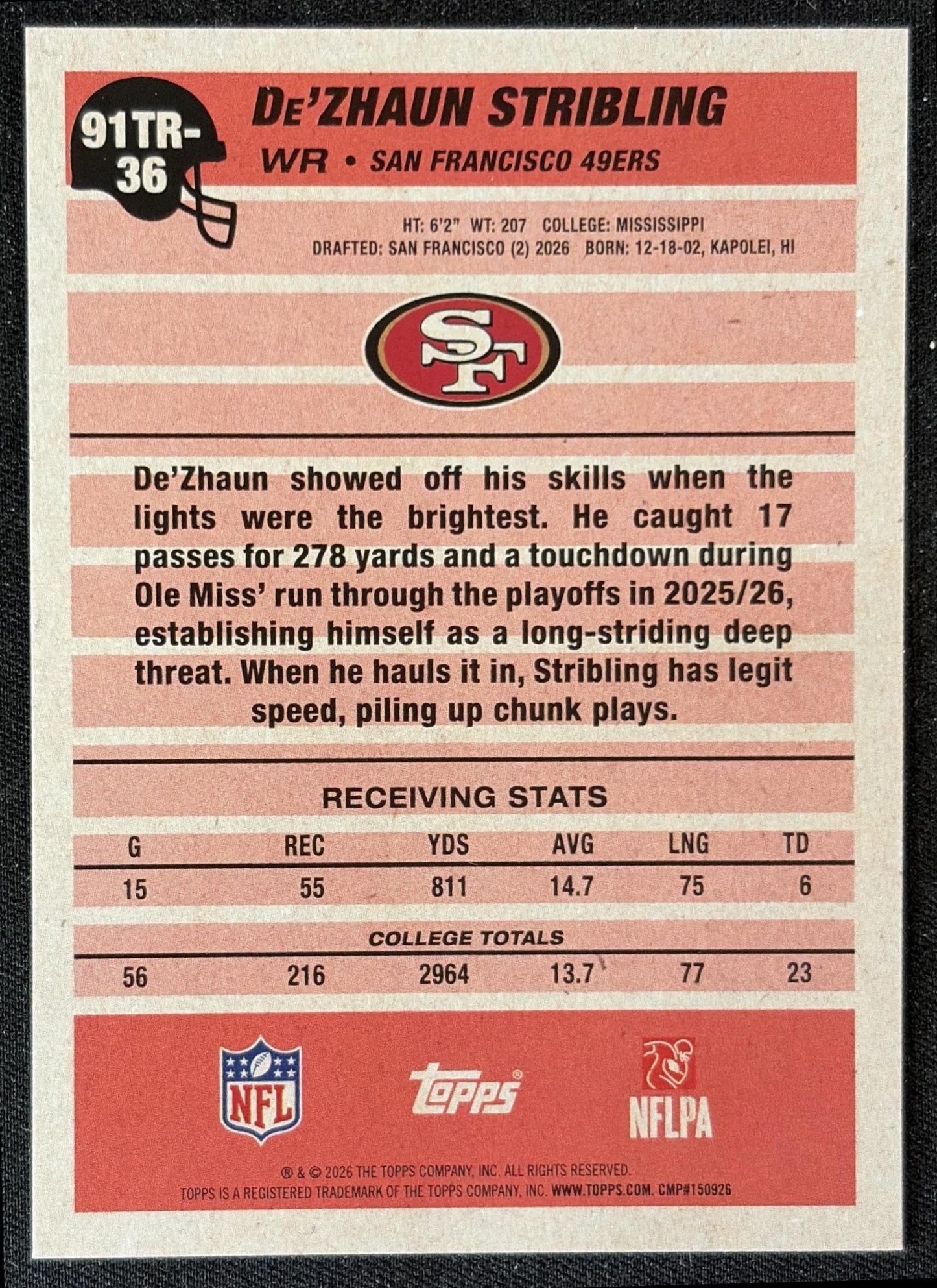 De'Zhaun Stribling 2026 Topps 1991 Rookie 49ers back