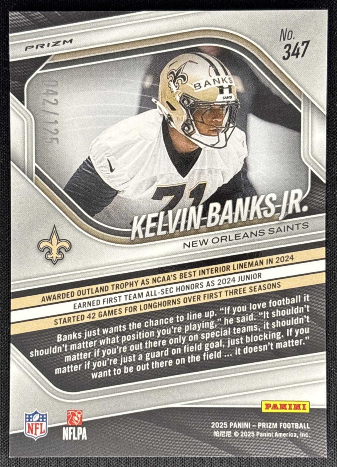 Kelvin Banks Jr. 2025 Panini Prizm Purple /125 Saints back