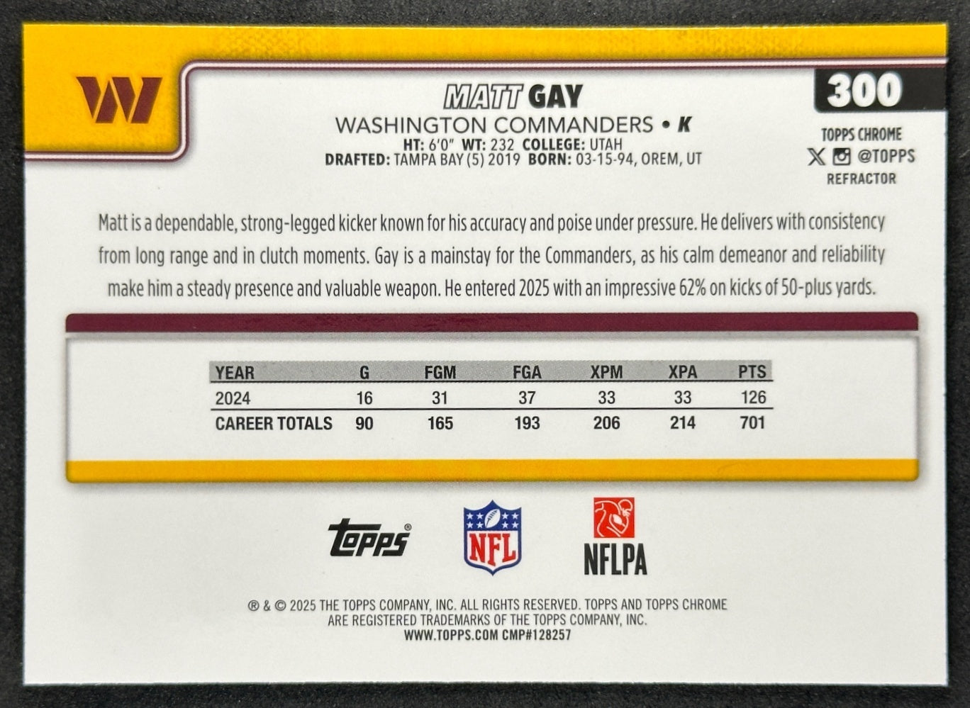 Matt Gay 2025 Topps Chrome Refractor Commanders Sports Trading Cards