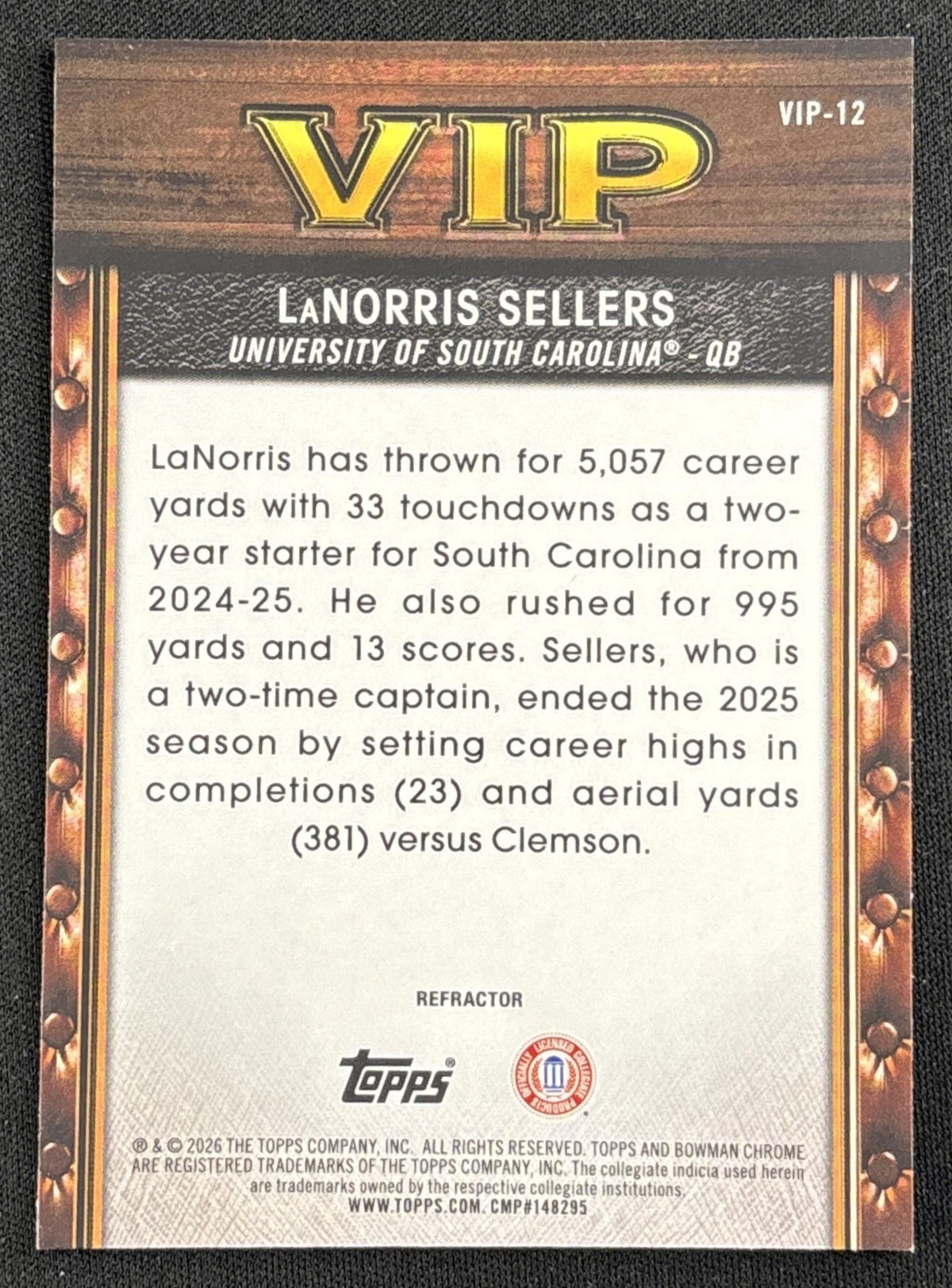 LaNorris Sellers 2026 Bowman Very Important Prospects Refractor Gamecocks