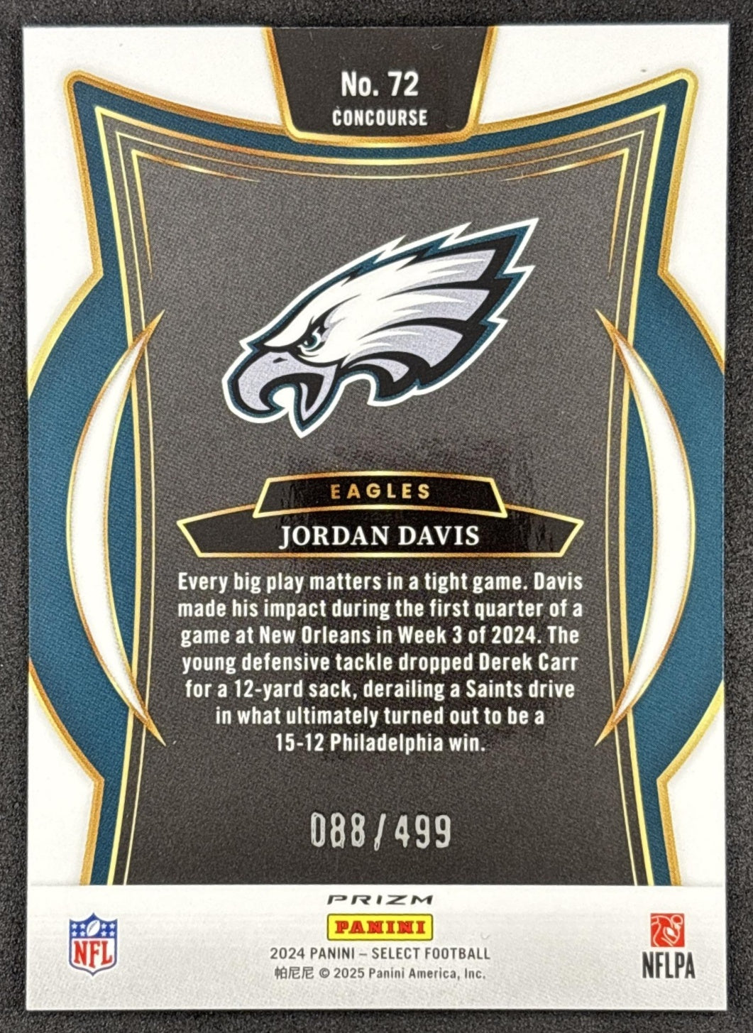 Jordan Davis 2024 Panini Select Concourse Orange Prizm Shock /499 Eagles back