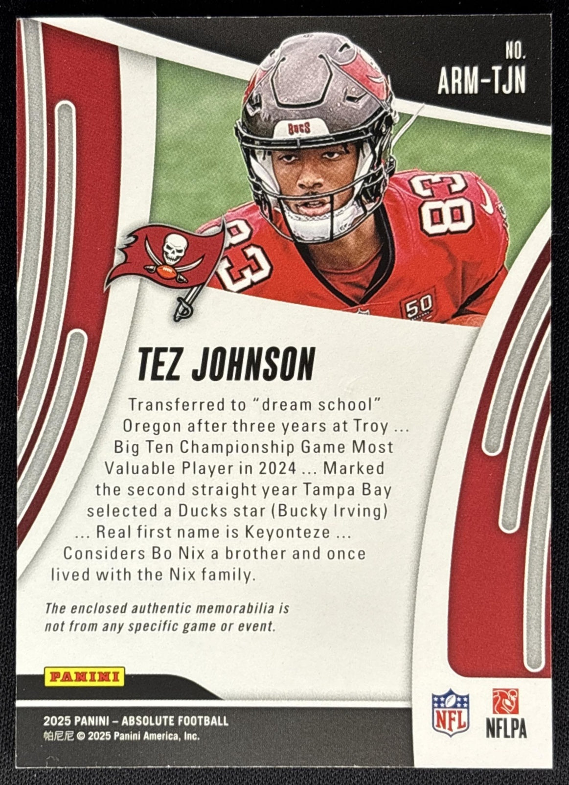 Tez Johnson 2025 Panini Absolute Rookie Materials Buccaneers back