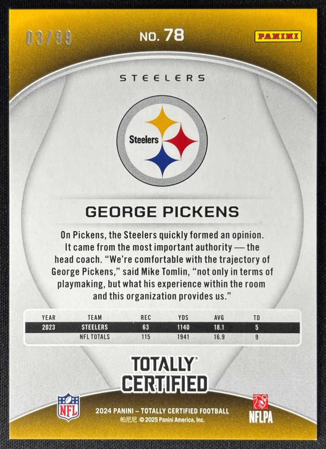 George Pickens 2024 Certified Ballers Mirror Orange /99 Steelers - Back