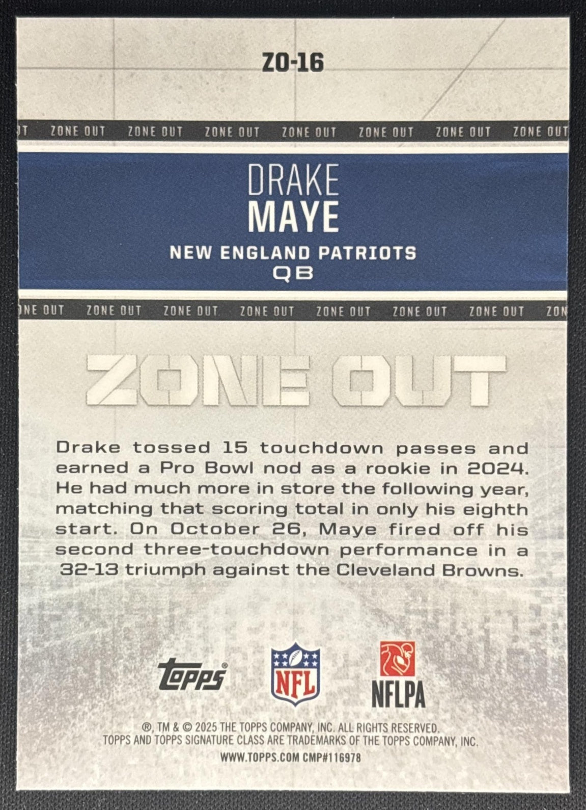 Drake Maye 2025 Topps Signature Class Zone Out Patriots back