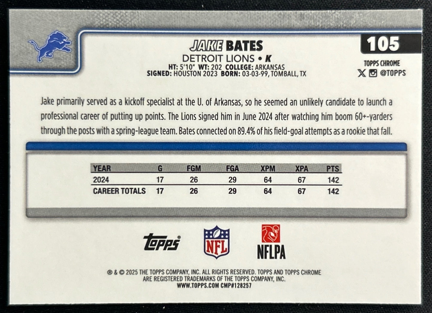 Jake Bates 2025 Topps Chrome Lions Sports Trading Cards