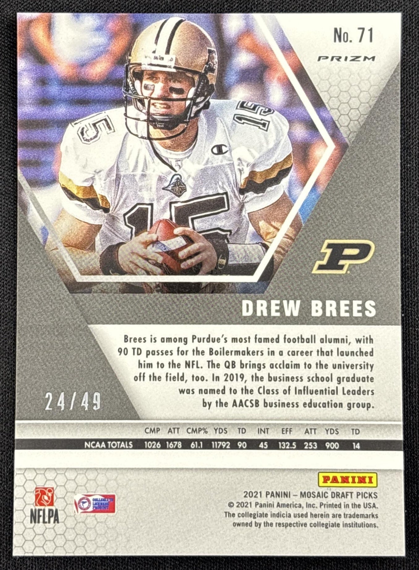 Drew Brees 2021 Panini Mosaic Draft Picks Mosaic Purple /49 Saints - back