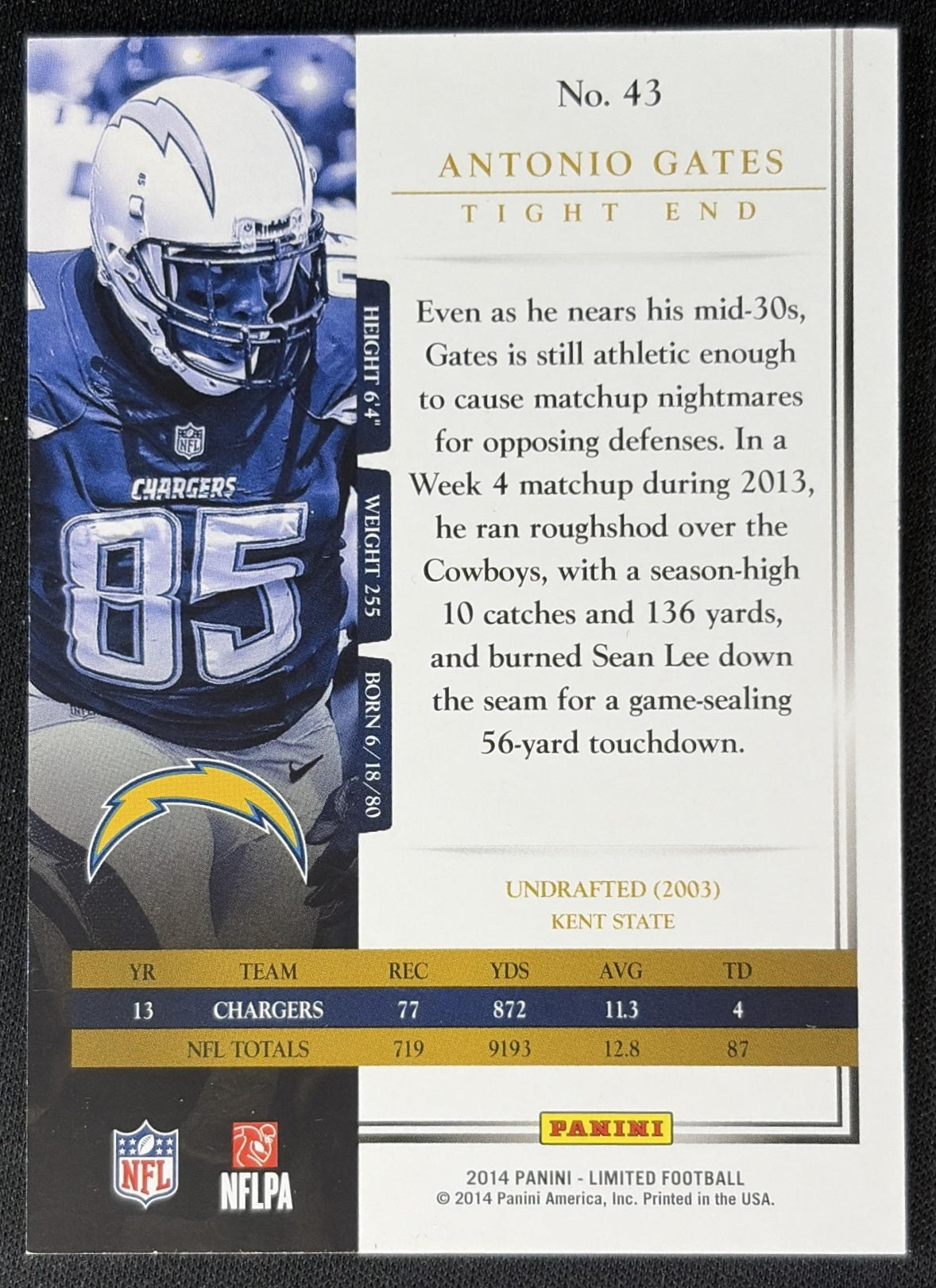 Antonio Gates 2014 Panini Limited /399 Chargers back