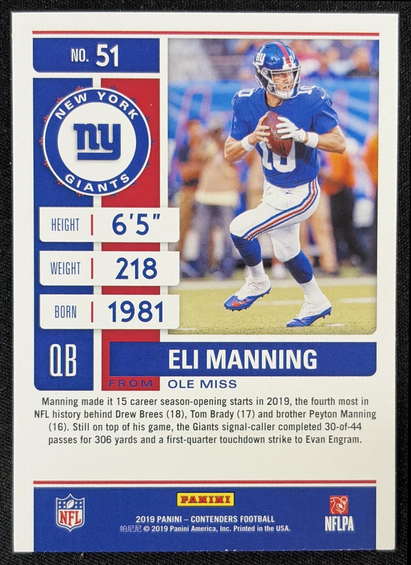 Eli Manning 2019 Panini Contenders Giants