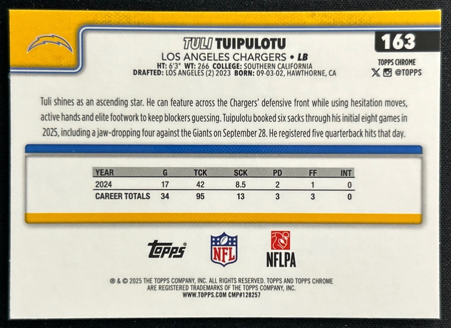 Tuli Tuipulotu 2025 Topps Chrome Chargers Sports Trading Cards