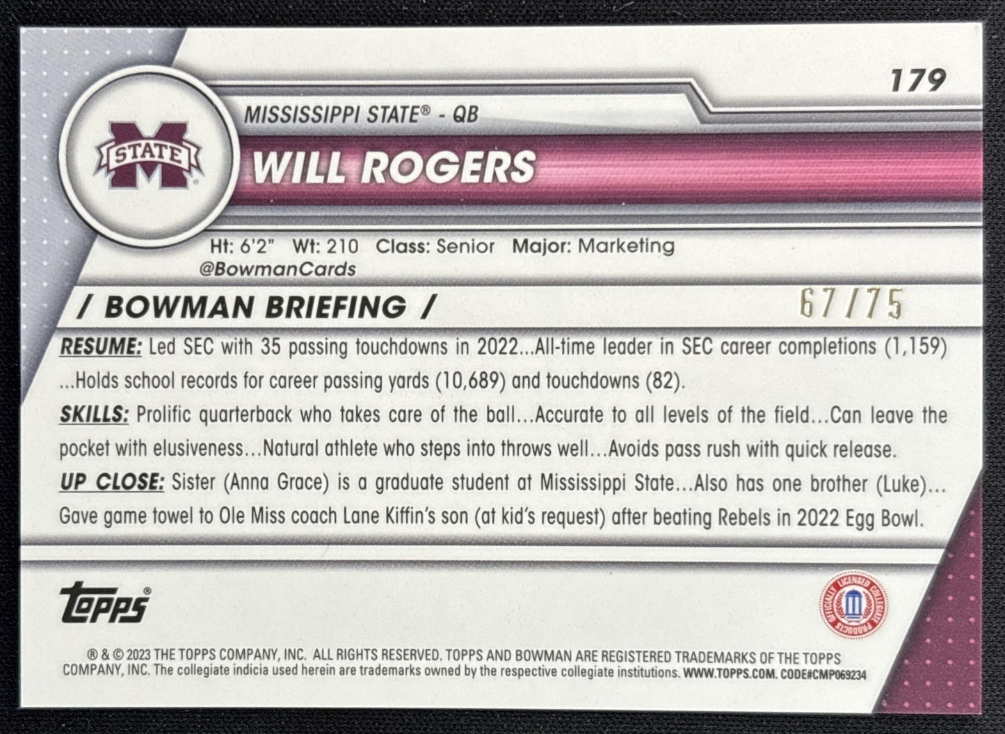 Will Rogers 2023 Bowman University Chrome Sapphire Yellow /75 Bulldogs back