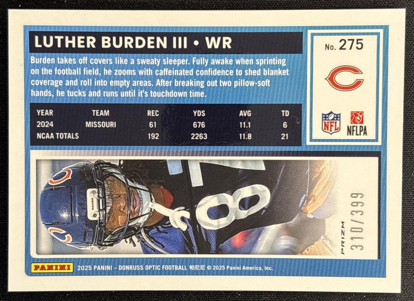 Luther Burden III 2025 Donruss Optic Rated Rookie Neon Blue Prizm 310/399 Bears Back