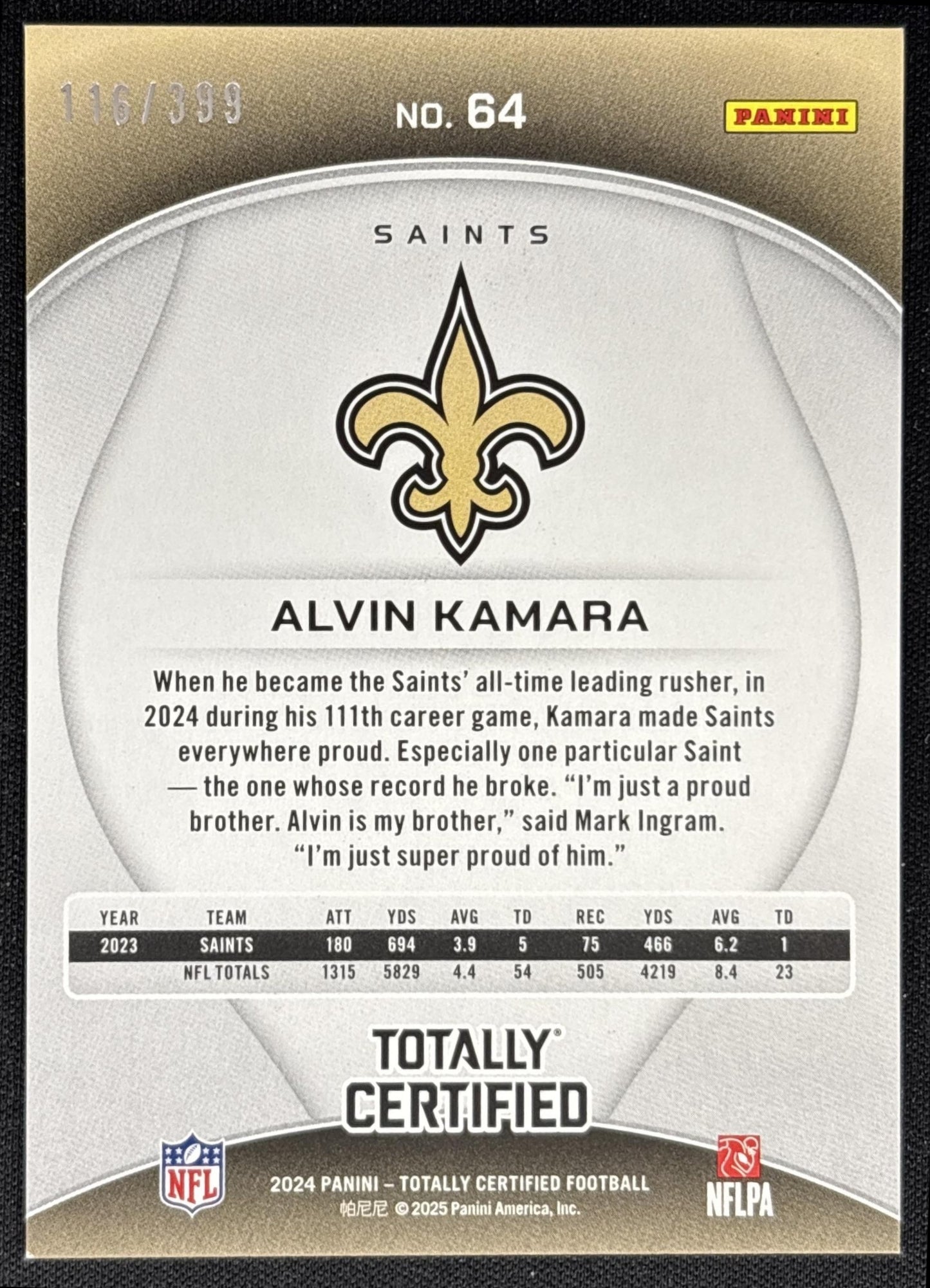 Alvin Kamara 2024 Panini Totally Certified Mirror Blue /399 Saints