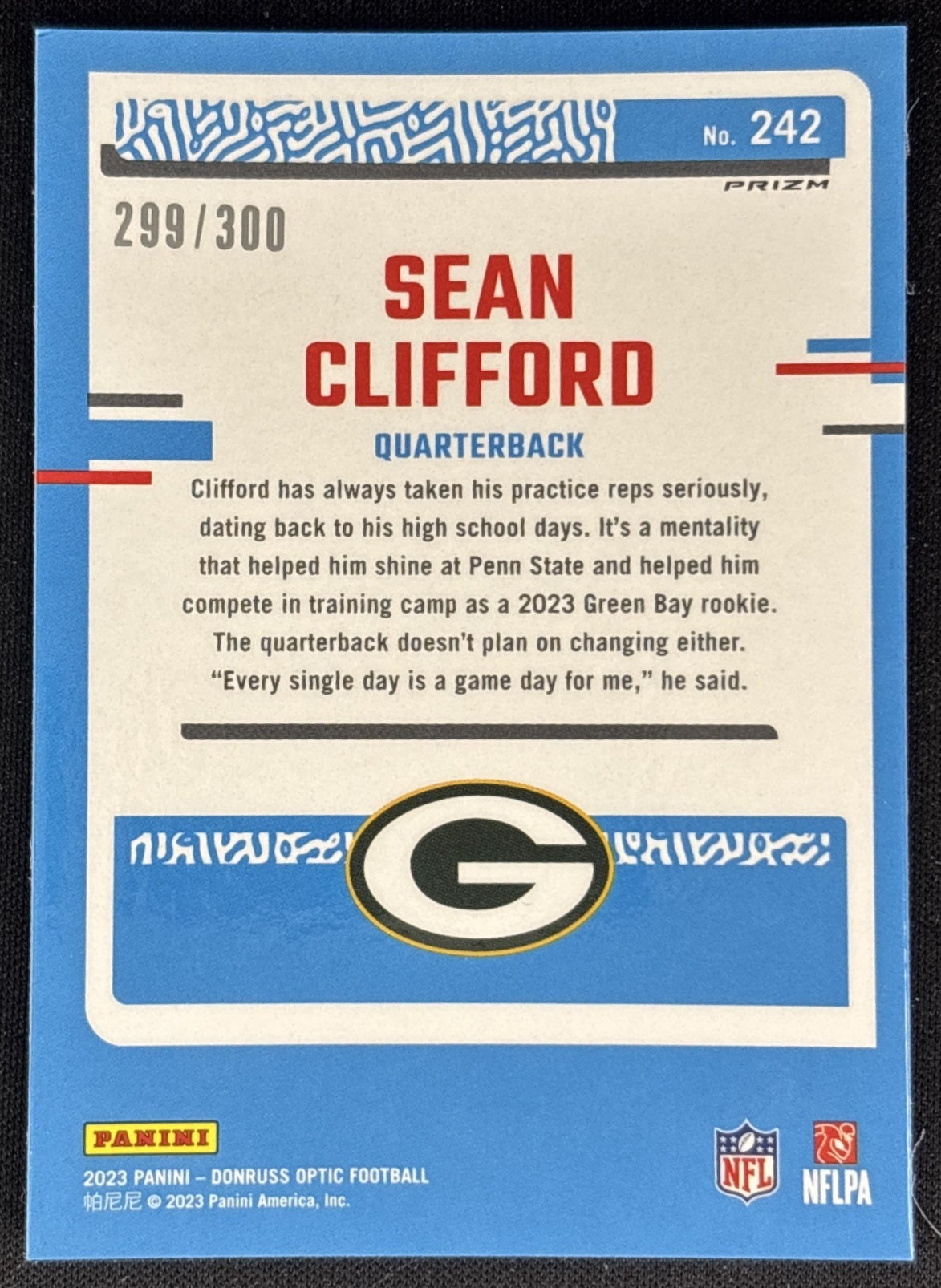 Sean Clifford 2023 Panini Donruss Optic Wave Prizm /300 Packers back