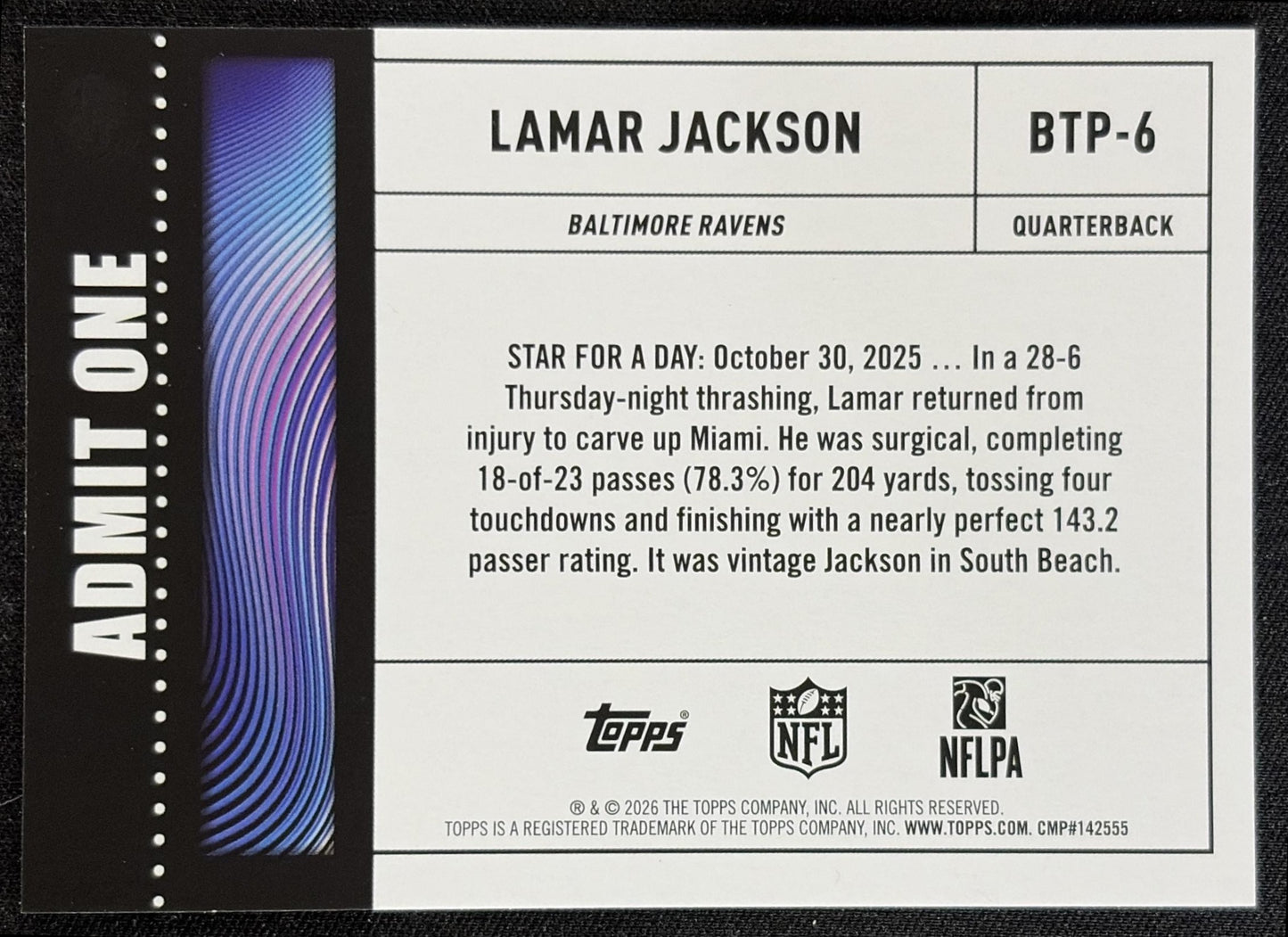 Lamar Jackson 2026 Topps Big Ticket Players Ravens back