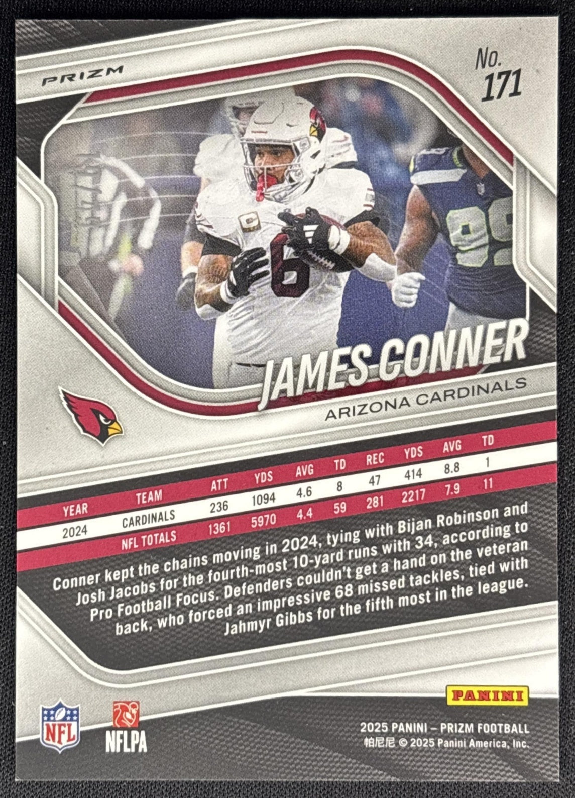 James Conner 2025 Panini Prizm Purple Power /49 Cardinals back