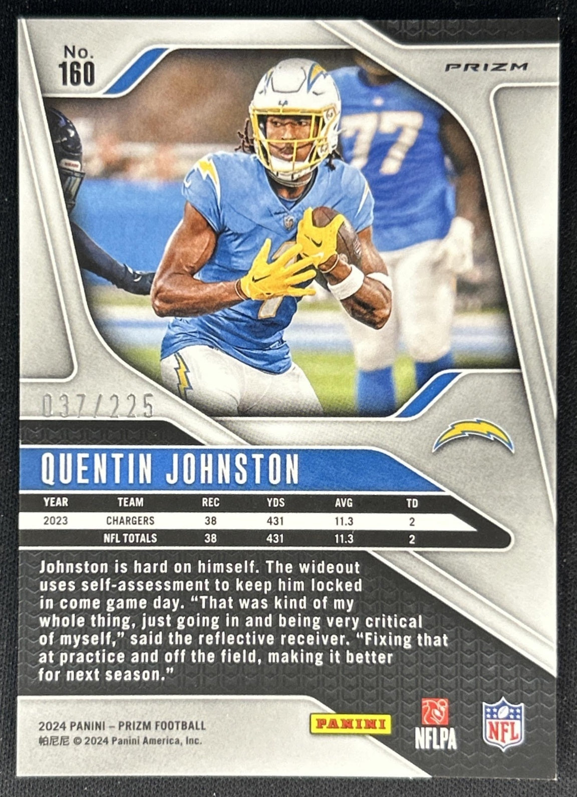 Quentin Johnston 2024 Panini Prizm Purple Ice /225 Chargers back