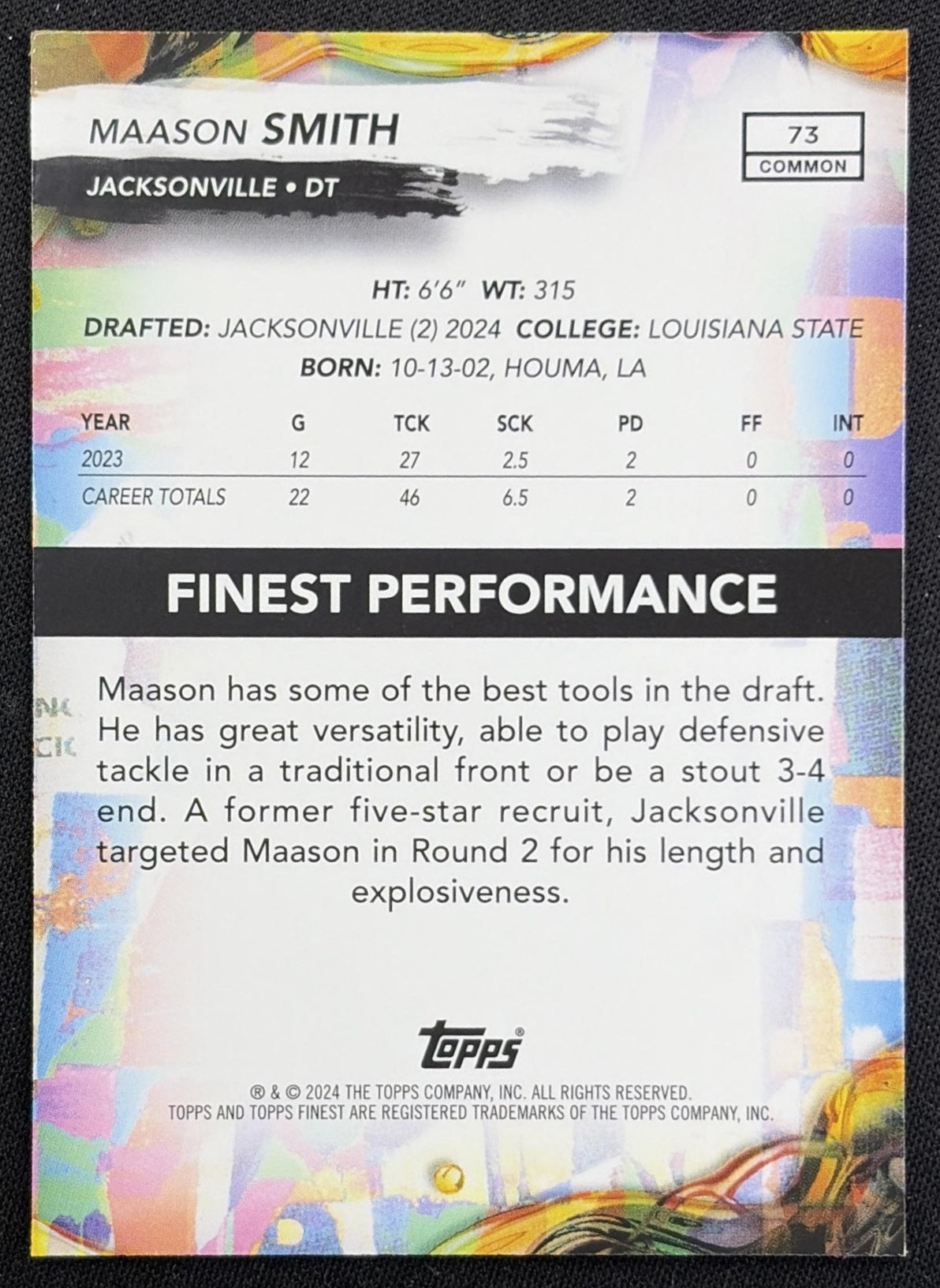 Maason Smith 2024 Topps Finest Sky Blue Refractor /325 Jaguars Jacksonville Jaguars