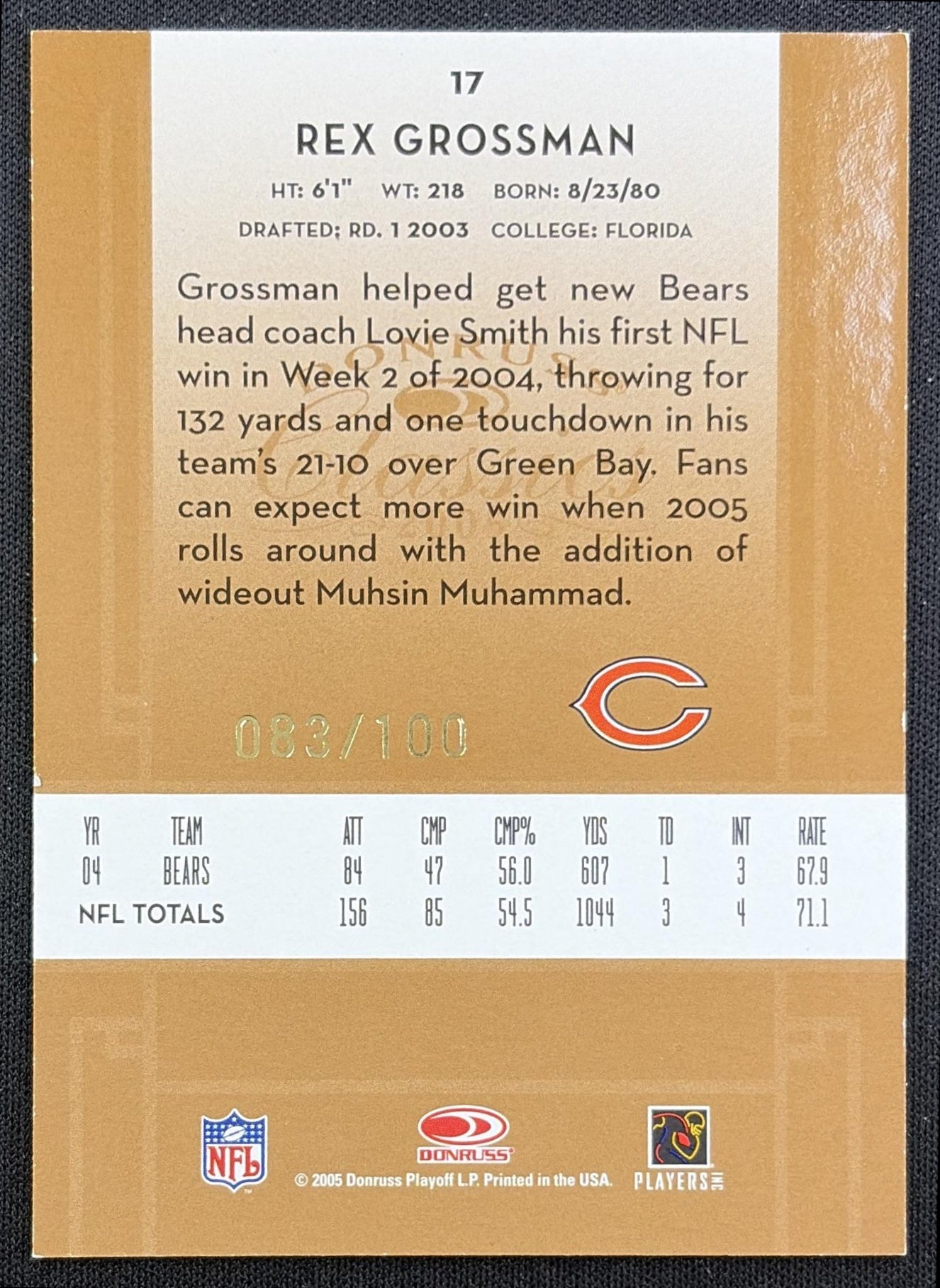 Rex Grossman 2005 Donruss Classics Timeless Tributes Bronze /100 Bears back