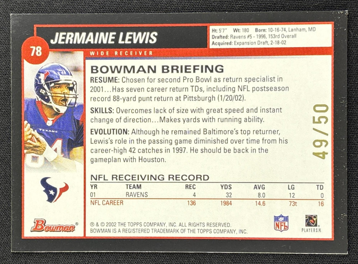 Jermaine Lewis 2002 Bowman Chrome Refractor Gold /50 Texans