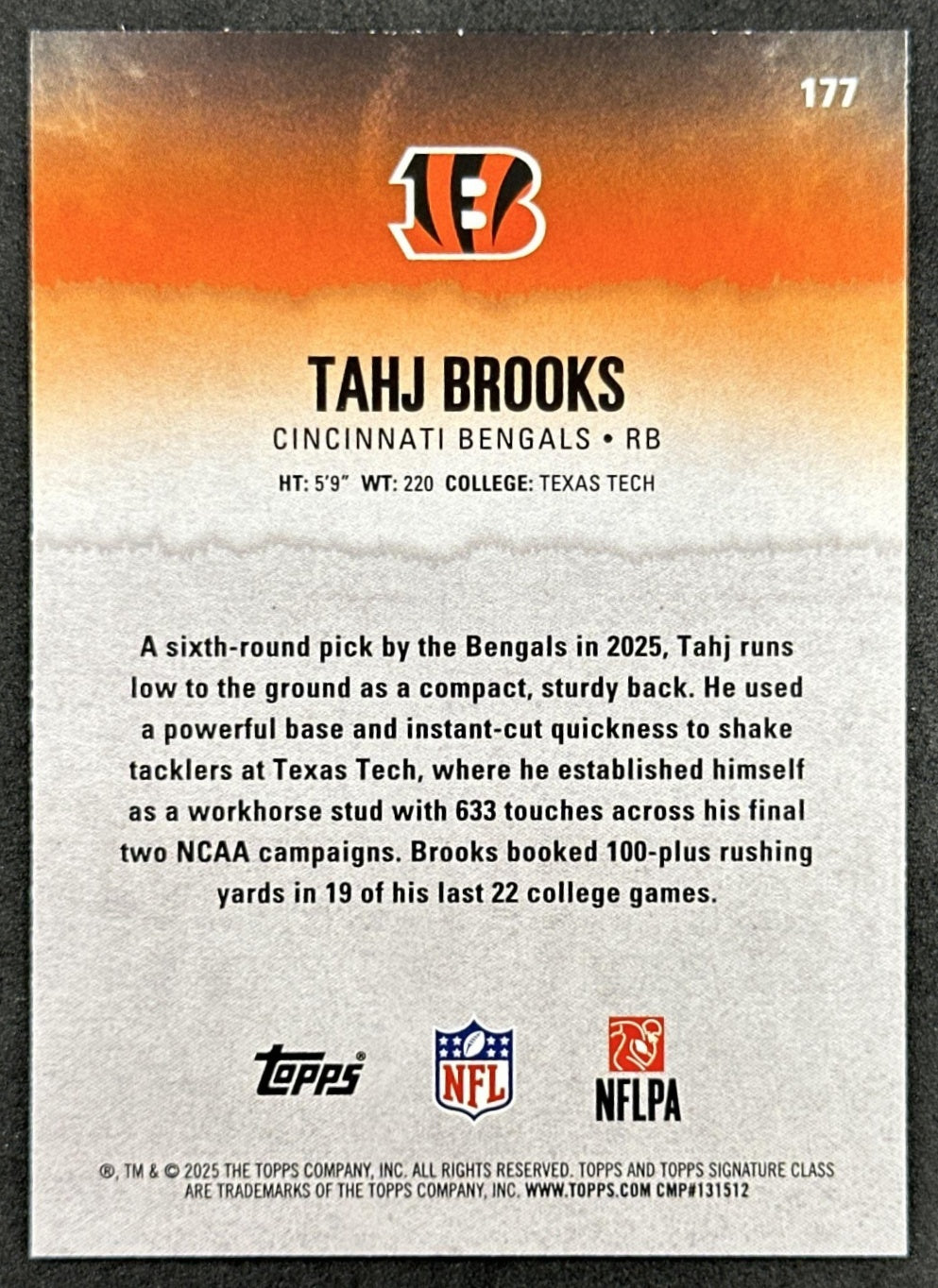 Tahj Brooks 2025 Topps Signature Class Rookie Blue & Yellow Foil Bengals back