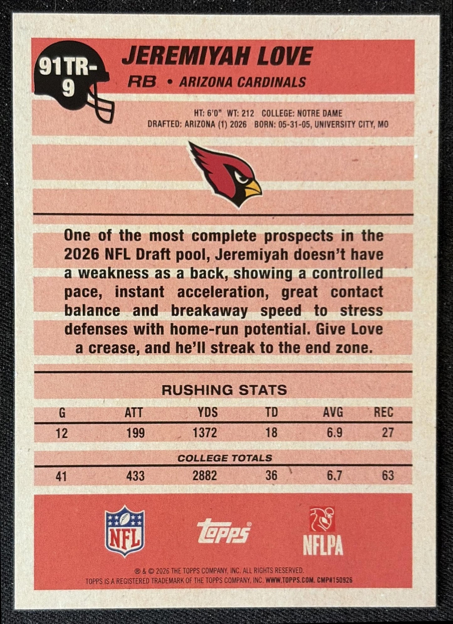 Jeremiyah Love 2026 Topps 1991 Rookie Cardinals back