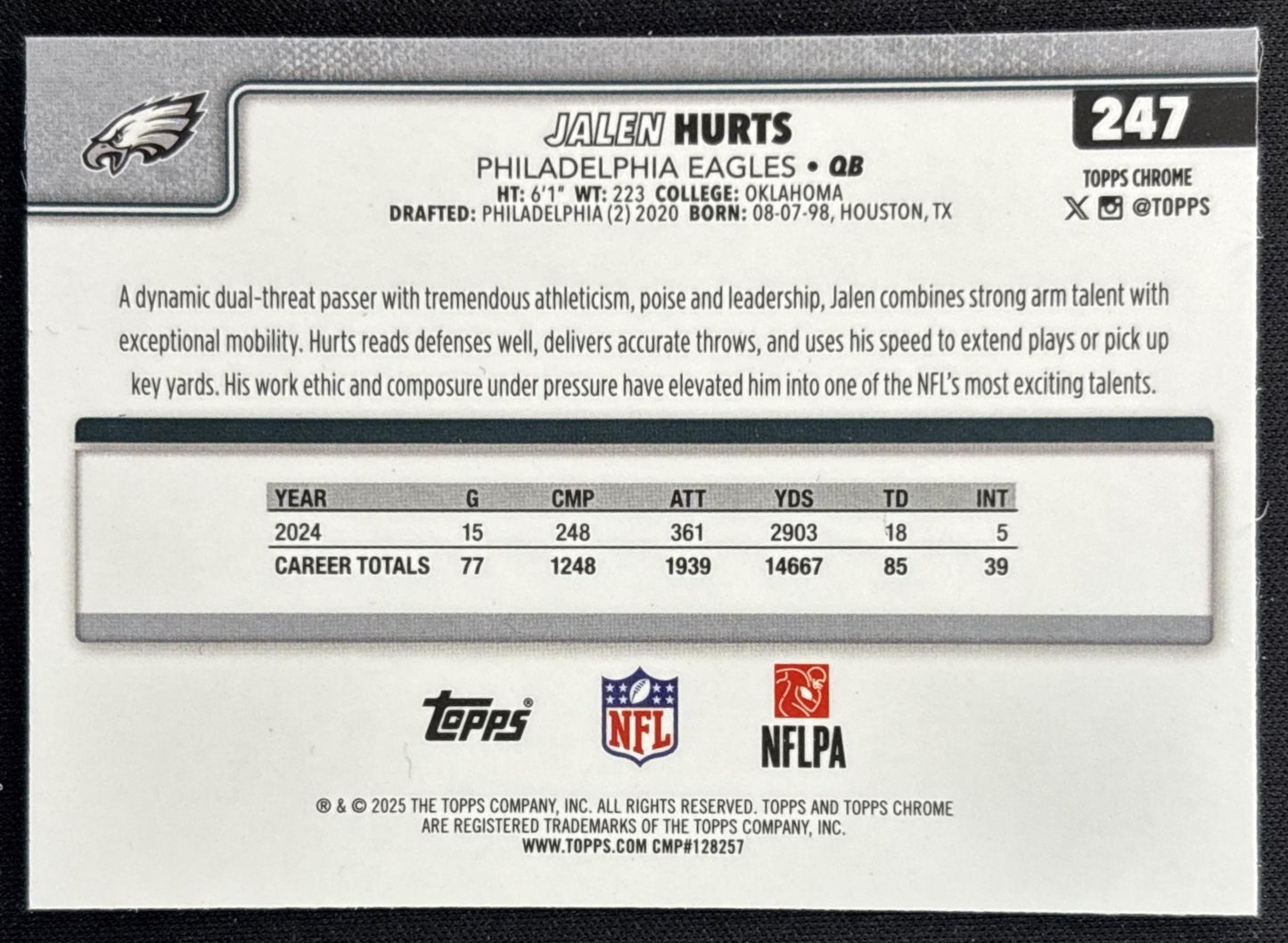 Jalen Hurts 2025 Topps Chrome RayWave Refractor Eagles back