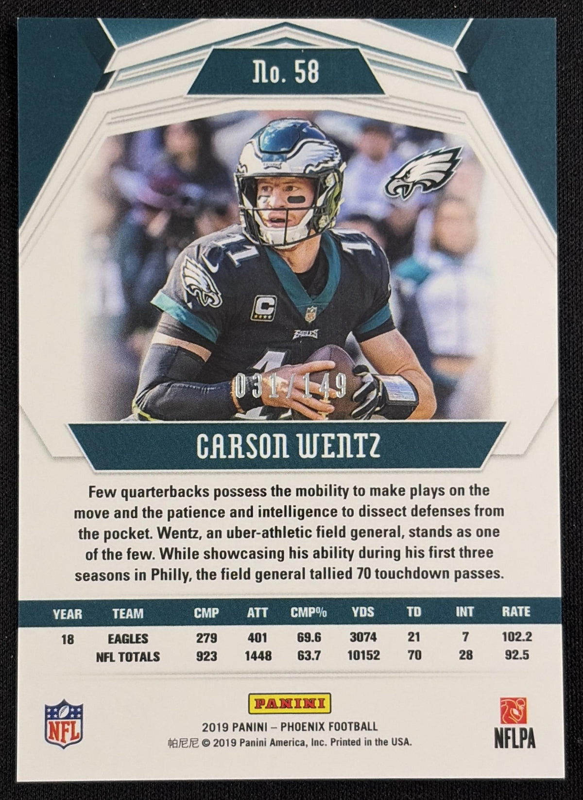 Carson Wentz 2019 Panini Phoenix Purple /149 Eagles - Back