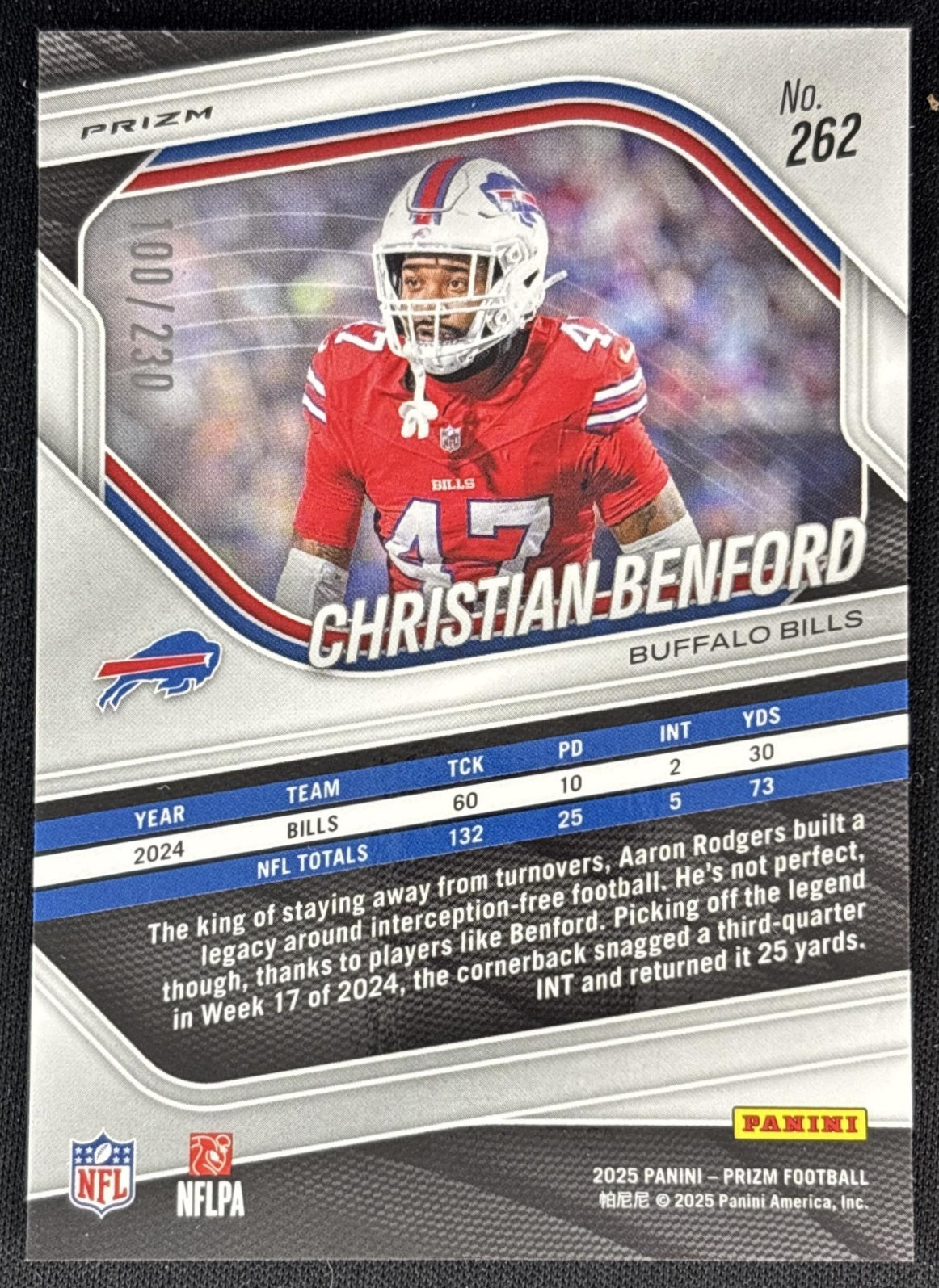 Christian Benford 2025 Panini Prizm Blue Wave /230 Bills Back