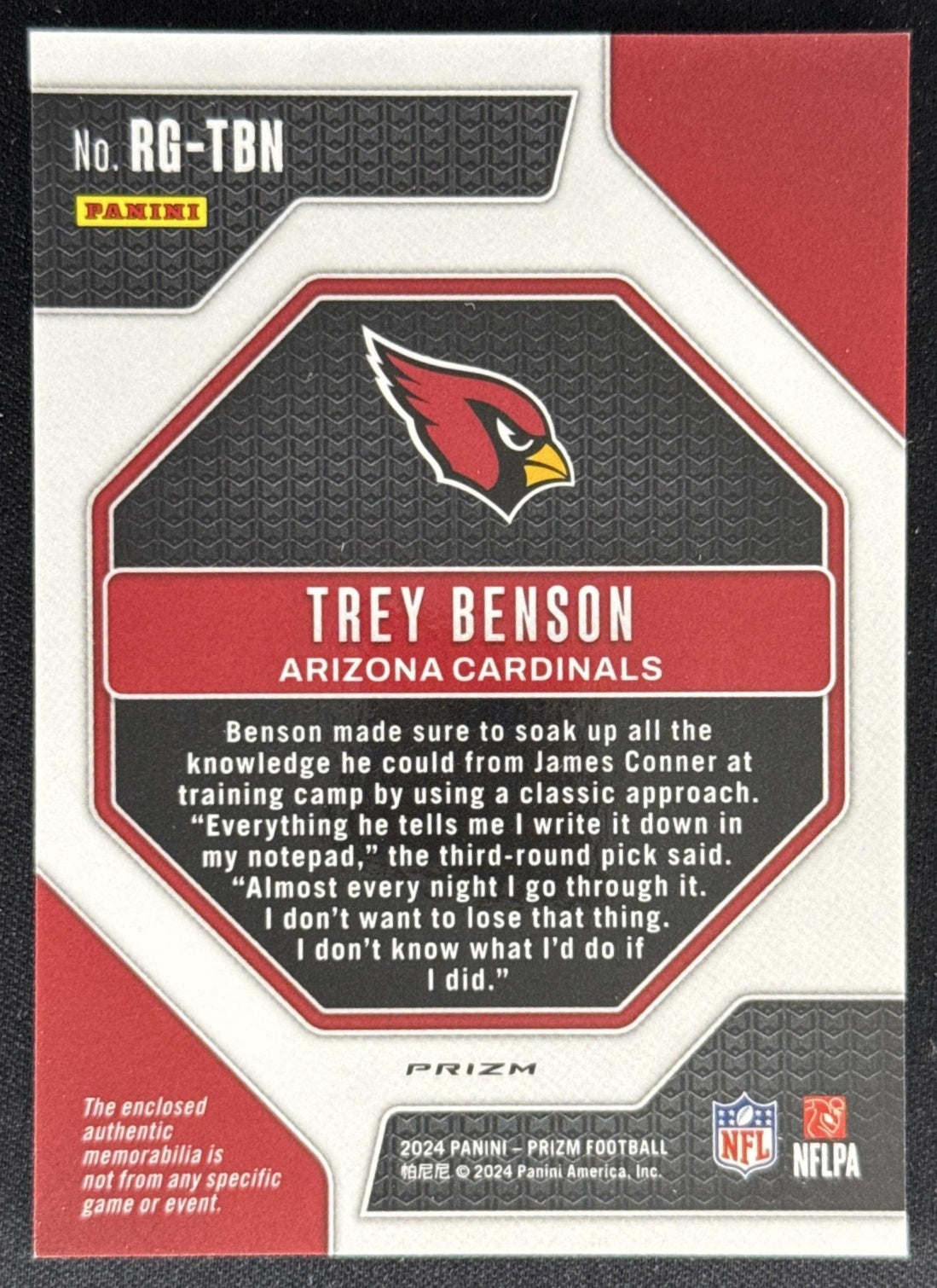 Trey Benson 2024 Panini Prizm Rookie Gear Neon Green Pulsar Cardinals Sports Trading Card