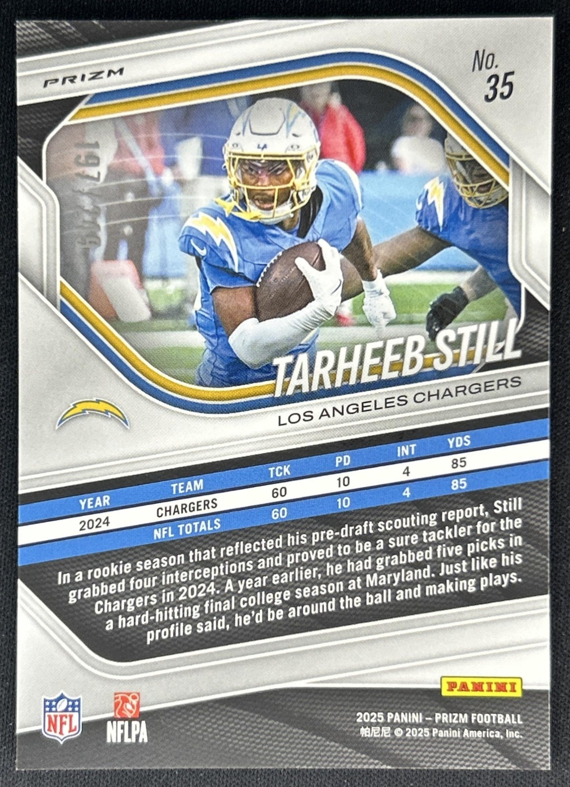 Tarheeb Still 2025 Panini Prizm Orange /249 Chargers Back