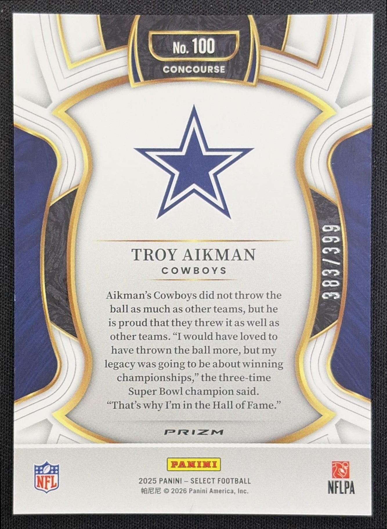 Troy Aikman 2025 Panini Select Concourse Tri-Color Prizm /399 Cowboys Dallas Cowboys back