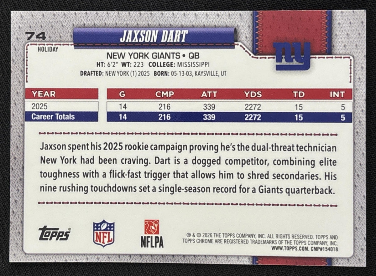 Jaxson Dart 2026 Topps Holiday Chrome Sparkle Refractor Giants Sports Trading Card