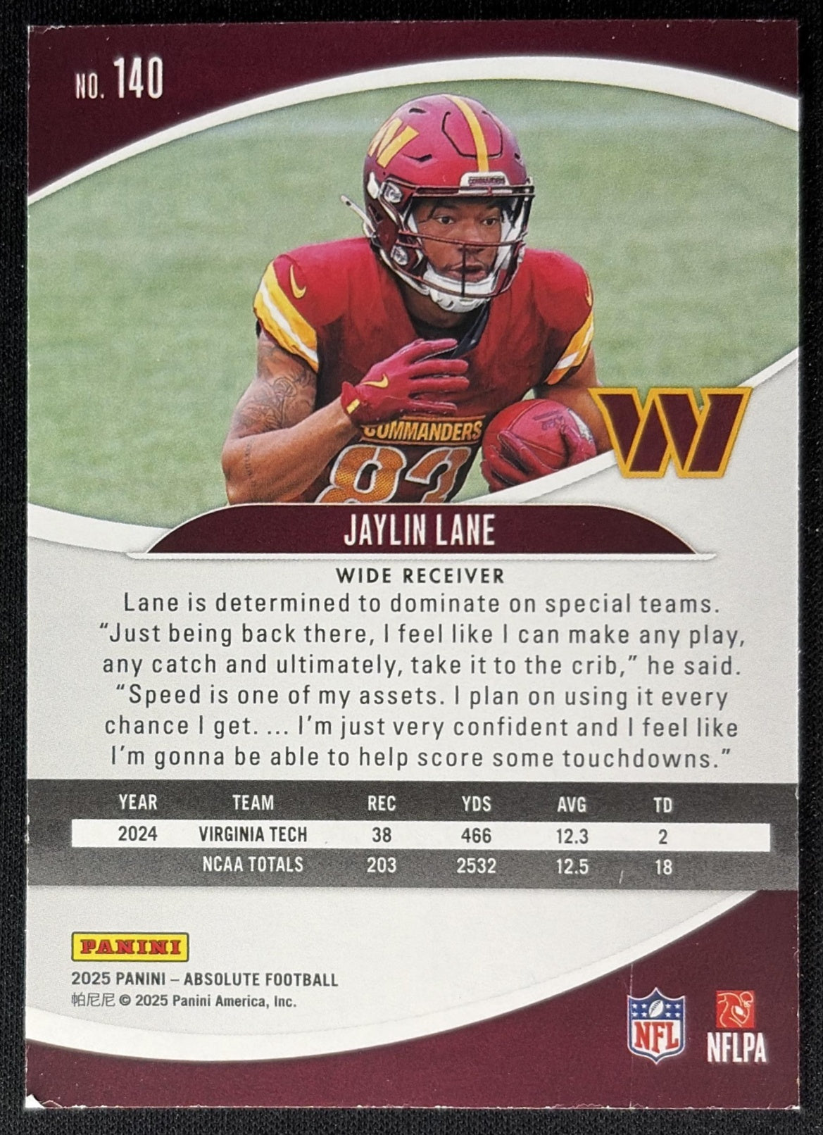 Jaylin Lane 2025 Panini Absolute Rookies Commanders Sports Trading Cards