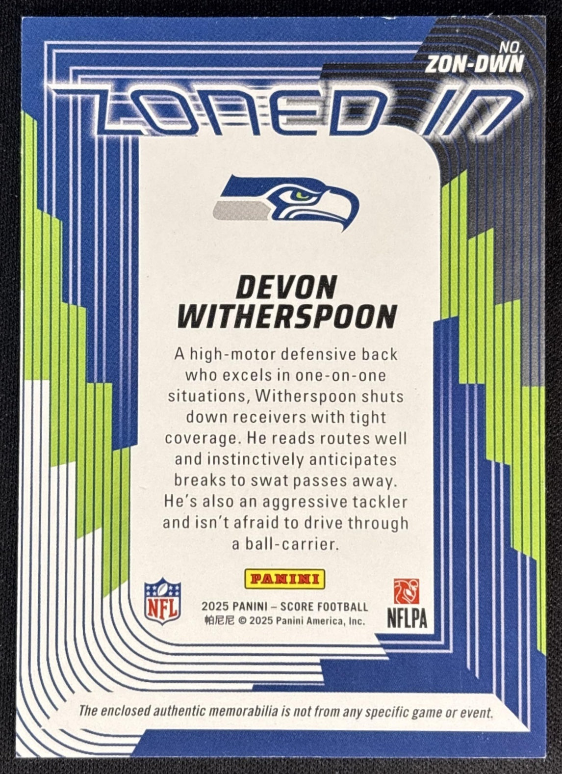 Devon Witherspoon 2025 Panini Score Zoned In Jerseys Seahawks Sports Trading Cards