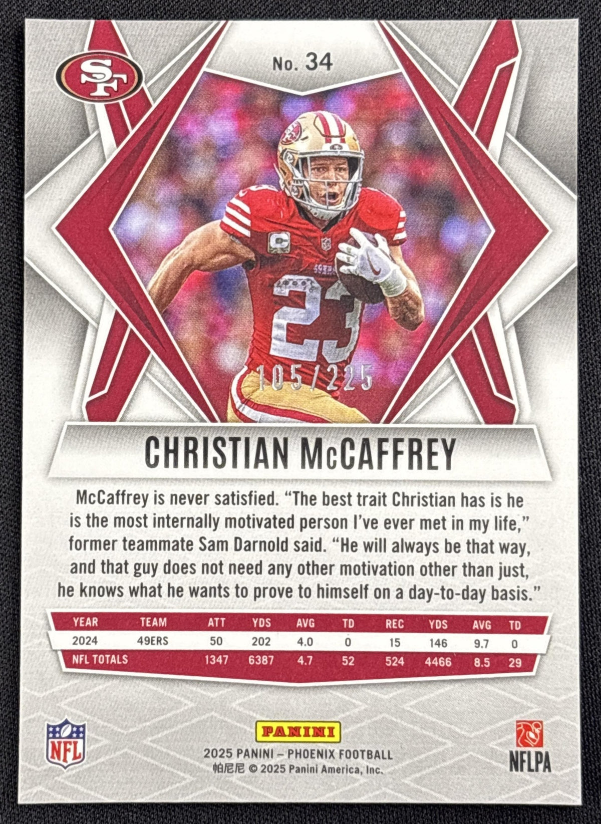 Christian McCaffrey 2025 Panini Phoenix Lime Green Lava Prizm /225 49ers