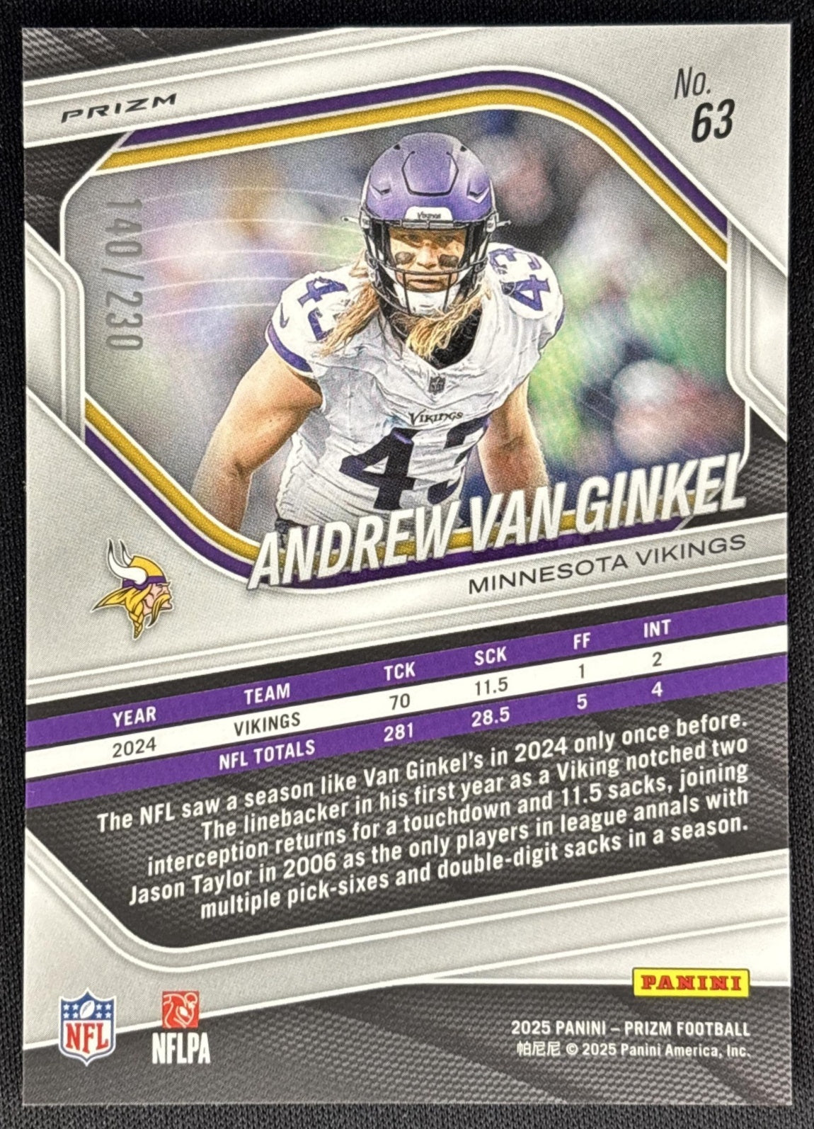 Andrew Van Ginkel 2025 Panini Prizm Blue Wave /230 Vikings Sports Trading Cards