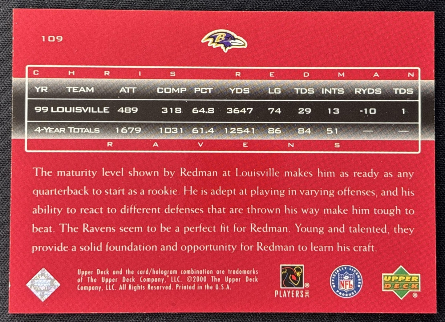 Chris Redman 2000 Upper Deck Legends /2000 Sports Trading Cards