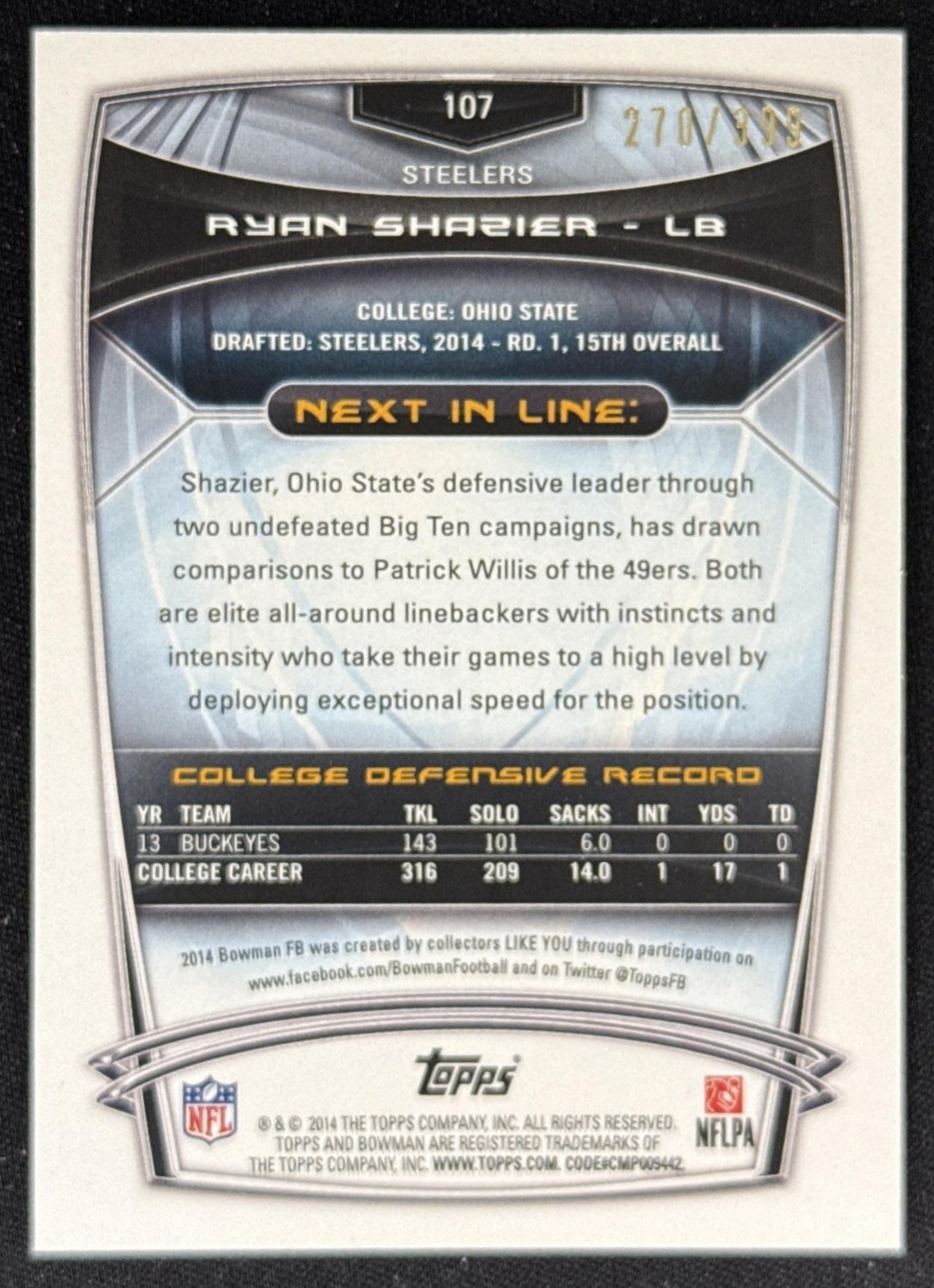 Ryan Shazier 2014 Bowman Rookies Gold /399 Steelers Sports Trading Card