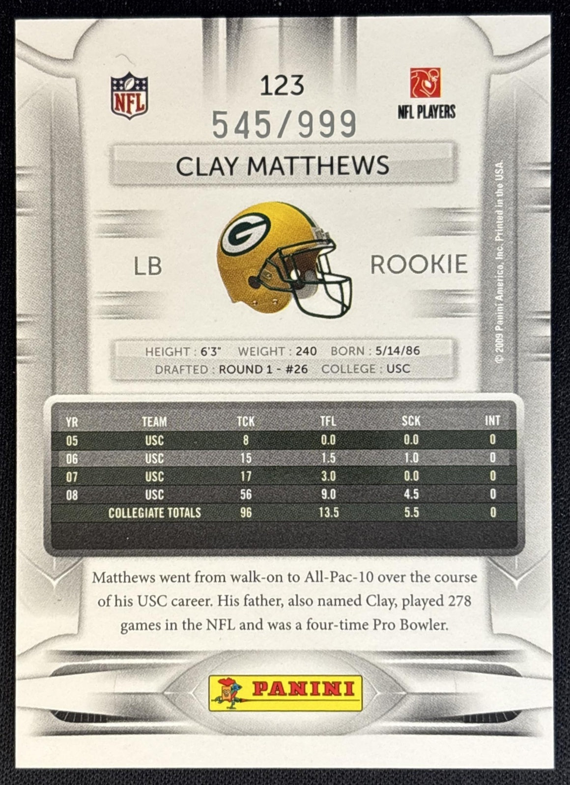 Clay Matthews 2009 Panini Playoff Prestige Draft Picks Light Blue /999 Packers back