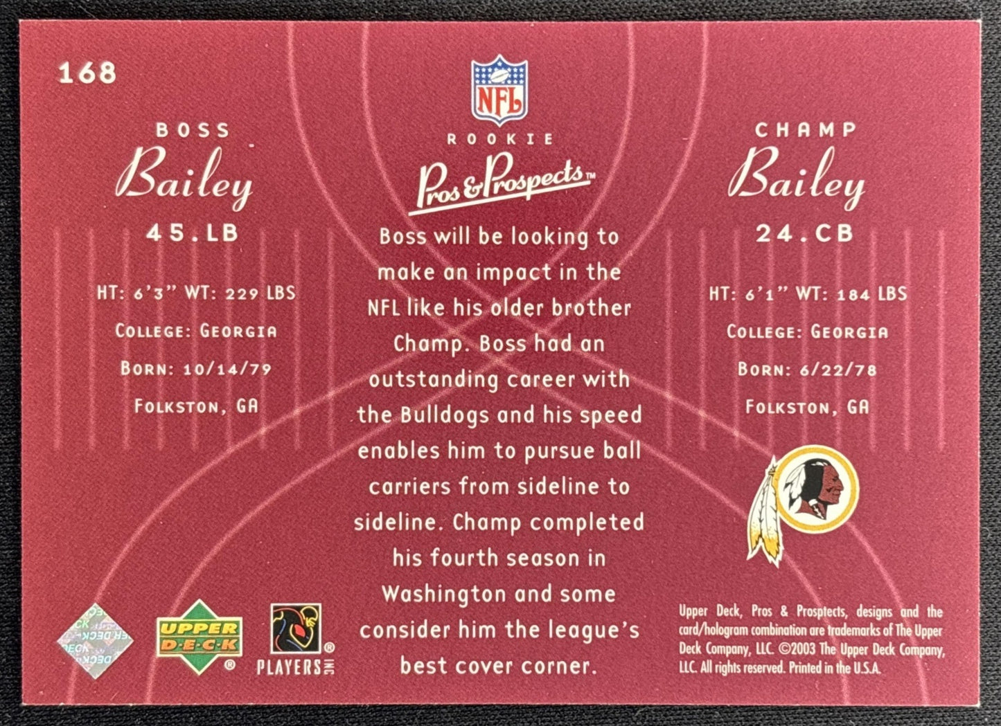 Boss Bailey Champ 2003 Upper Deck Pros & Prospects /1800 back