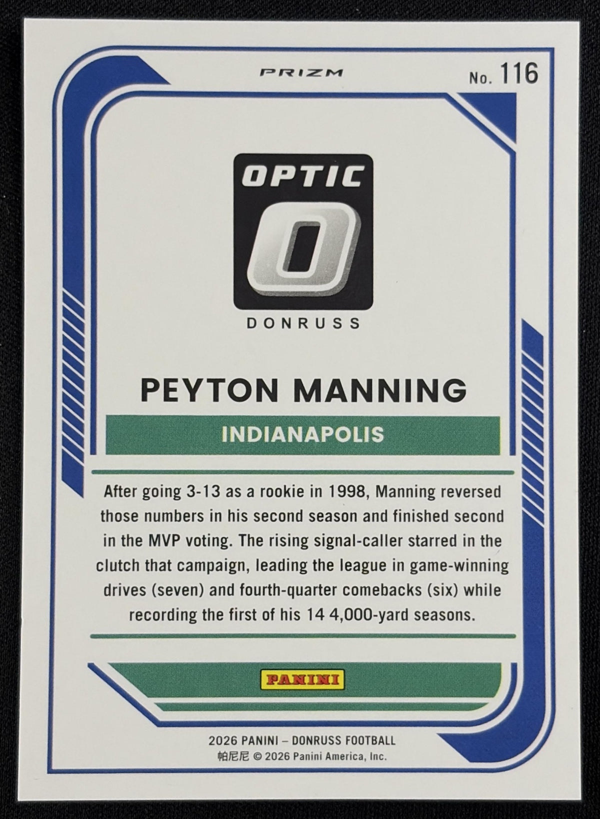 Peyton Manning 2026 Panini Donruss Optic Purple Velocity Colts