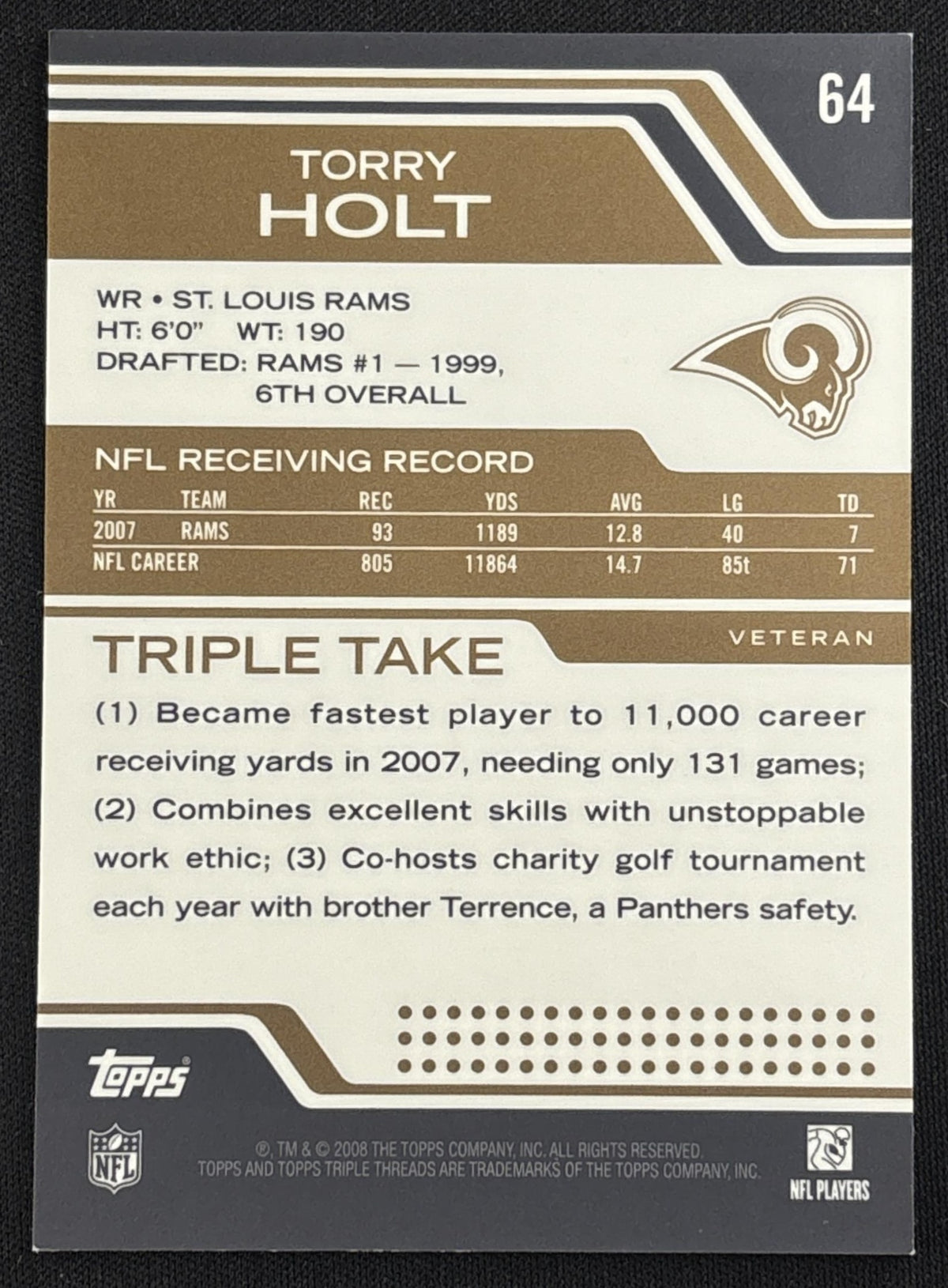 Torry Holt 2008 Topps Triple Threads Sepia /249 Rams Sports Trading Card
