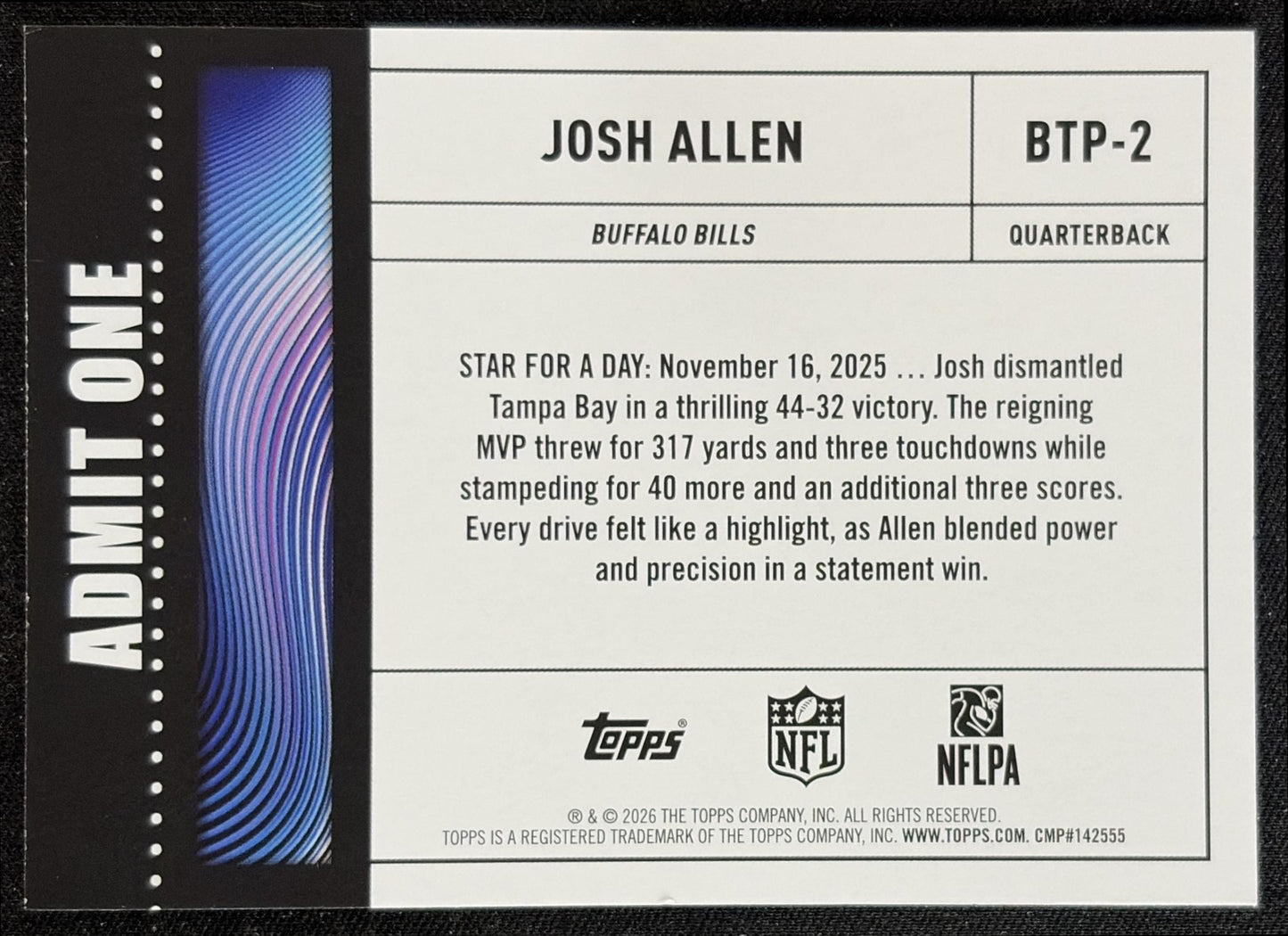 Josh Allen 2026 Topps Big Ticket Players Bills back