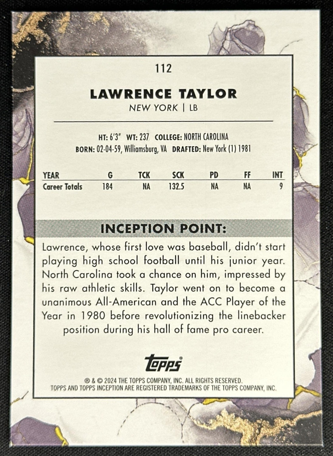 Lawrence Taylor 2024 Topps Inception Purple /75 giants