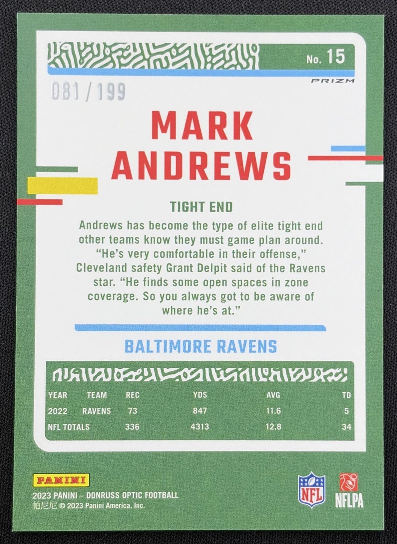 Mark Andrews 2023 Panini Donruss Optic Blue Prizm /199 Ravens back