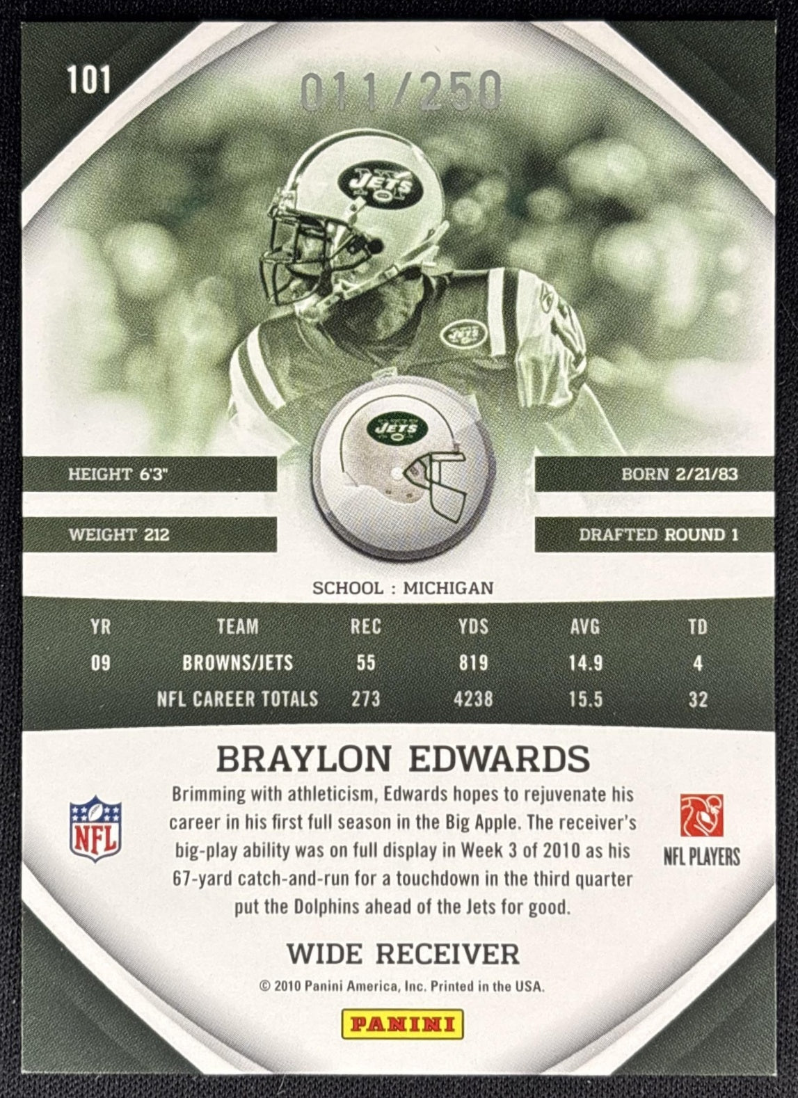 Braylon Edwards 2010 Panini Gridiron Gear Silver X's /250 Jets back