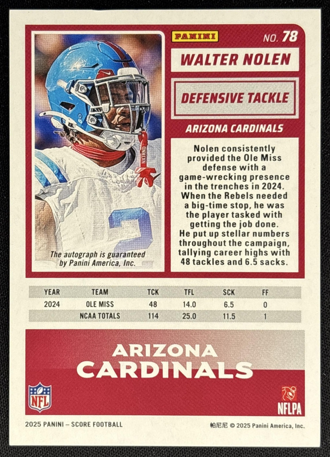 Walter Nolen 2025 Panini Score Rookies Signatures Artist's Proof /35 Cardinals Sports Trading Cards